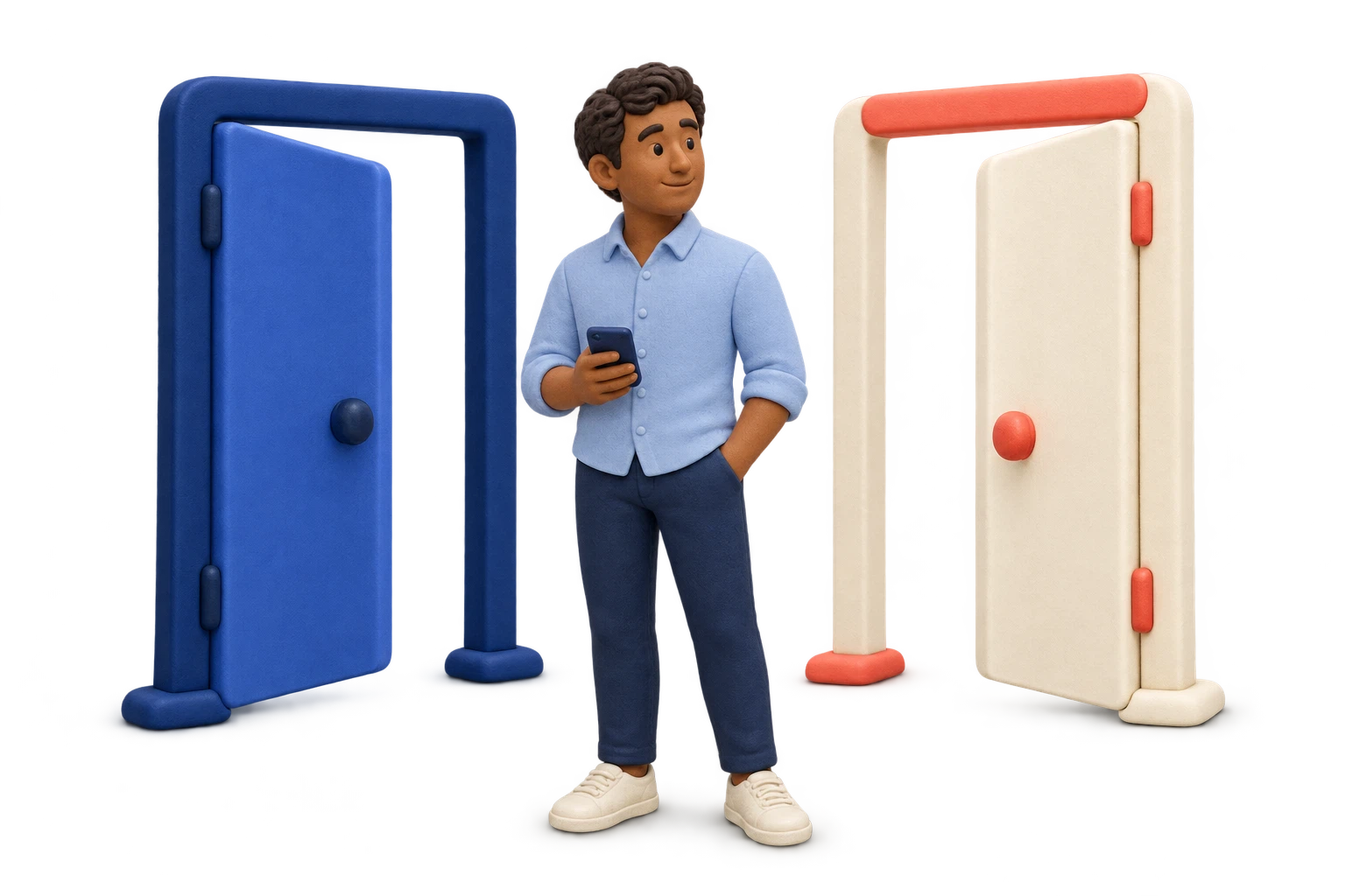 Um adulto de massinha segura o celular entre duas entradas abertas, uma azul e outra clara com detalhes coral.