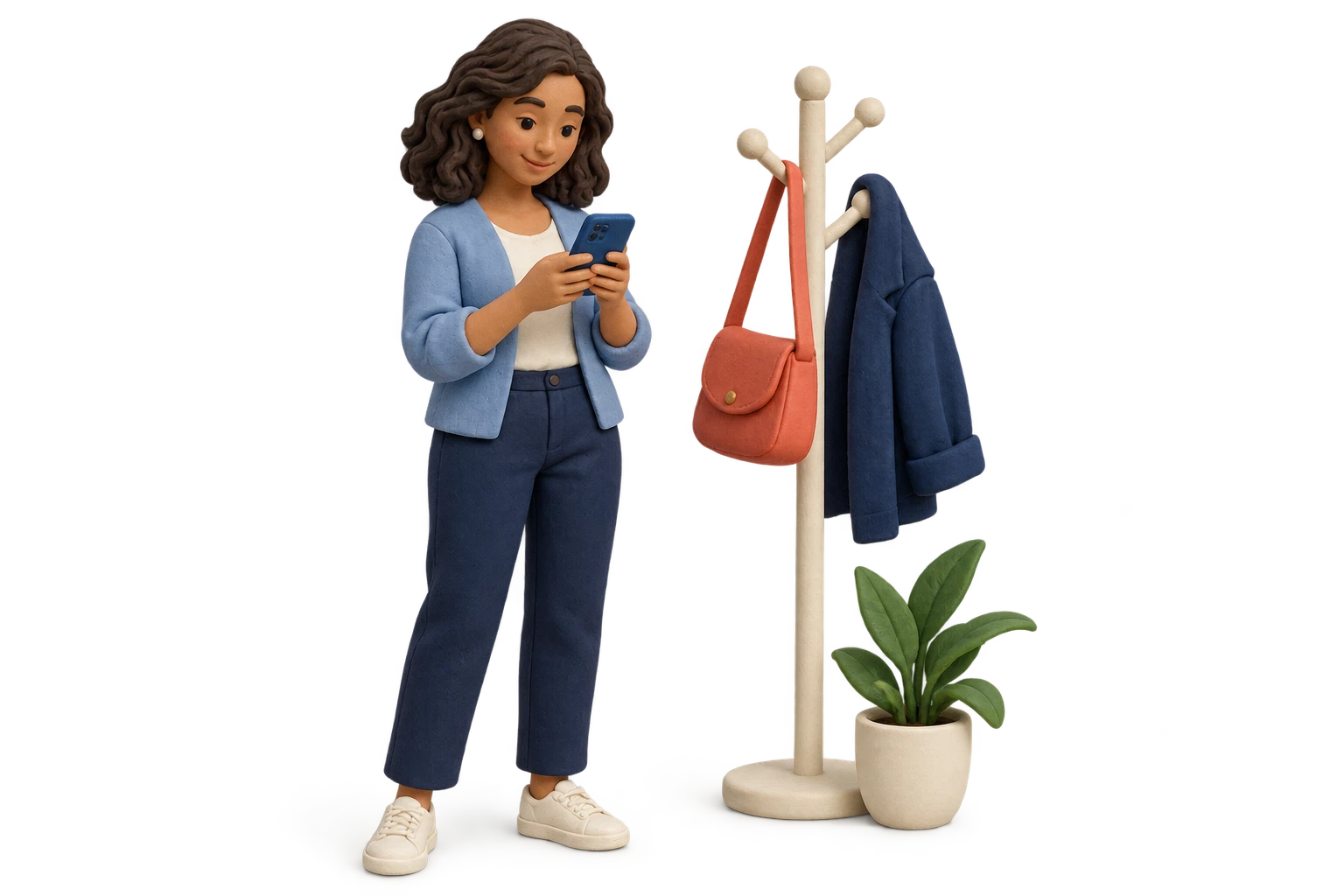 Uma adulta de massinha consulta o celular antes de sair, ao lado de um cabideiro com bolsa e casaco.