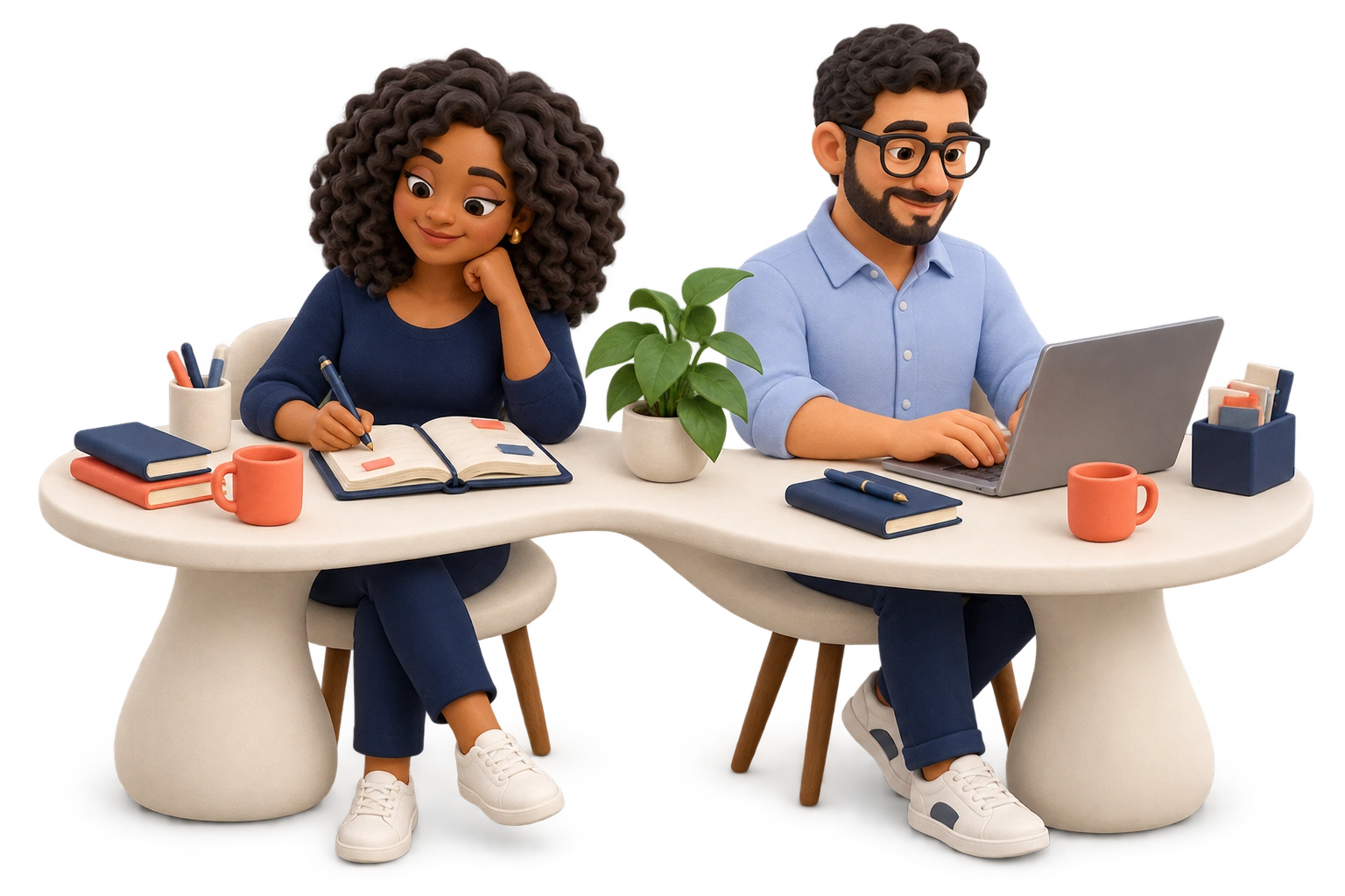 Dois adultos de massinha em mesas conectadas: uma mulher organiza sua agenda pessoal e um homem trabalha no computador.