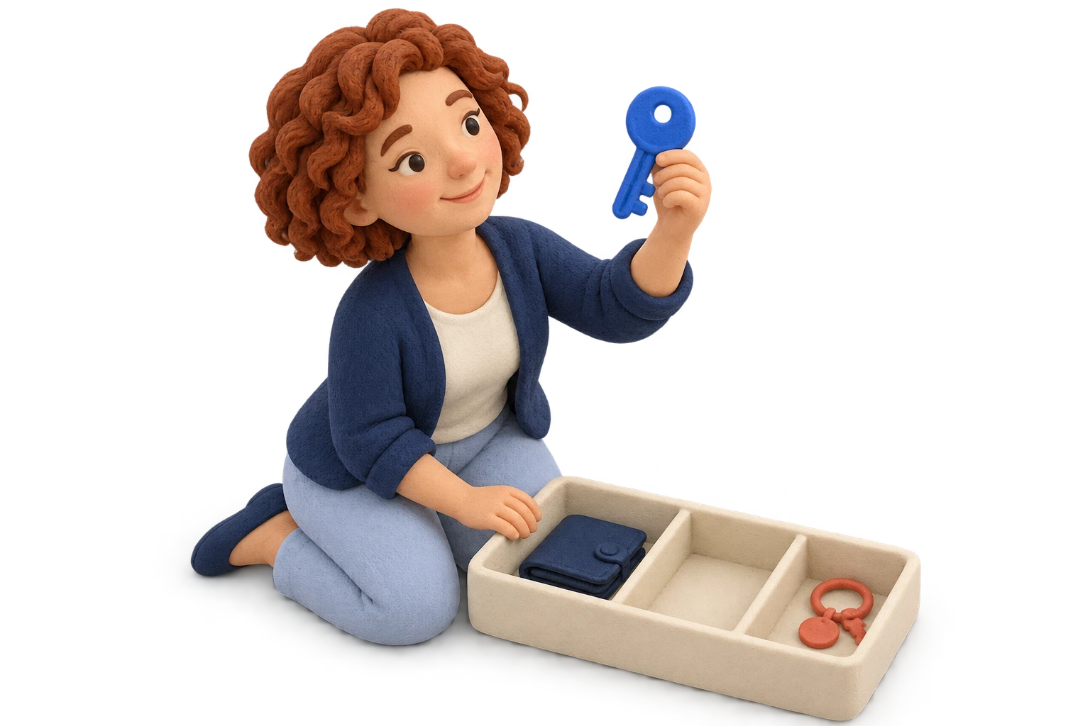 Uma adulta de massinha reencontra uma chave azul em um organizador de objetos.