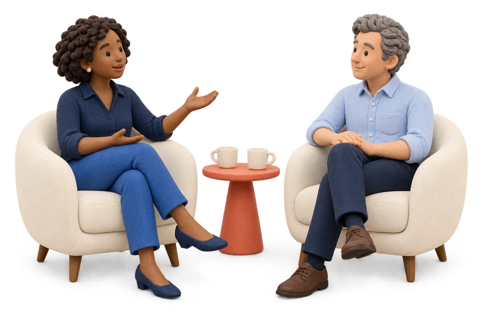 Dois adultos de massinha conversam em poltronas claras, com uma pequena mesa coral entre eles.