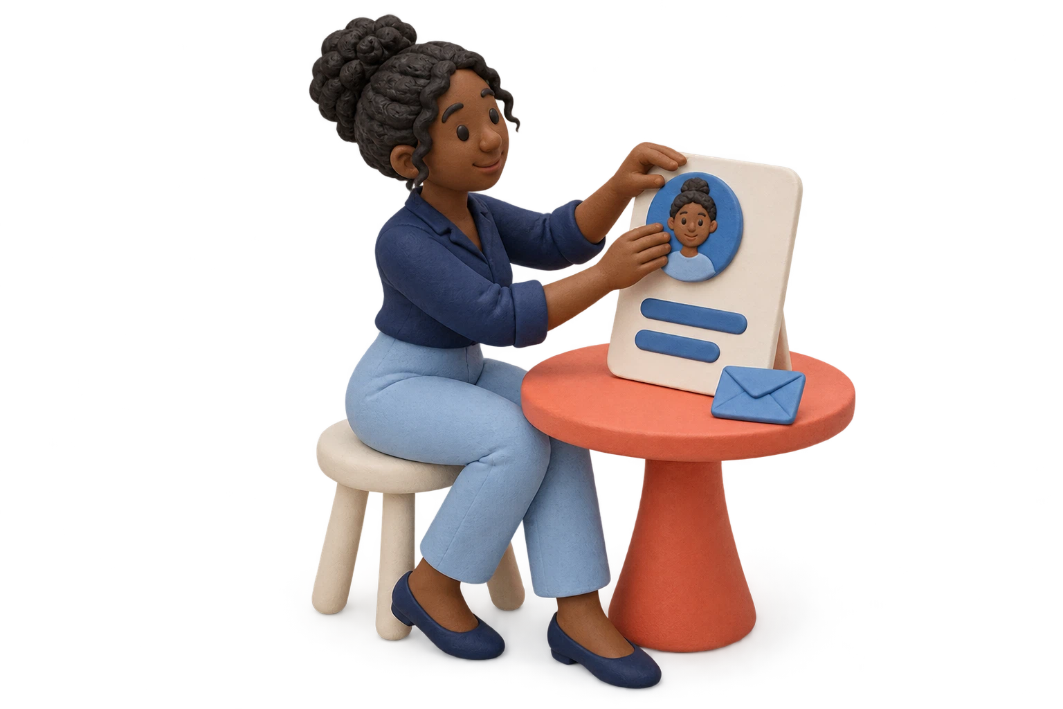 Uma adulta de massinha monta seu perfil com uma peça de retrato em uma mesa coral.