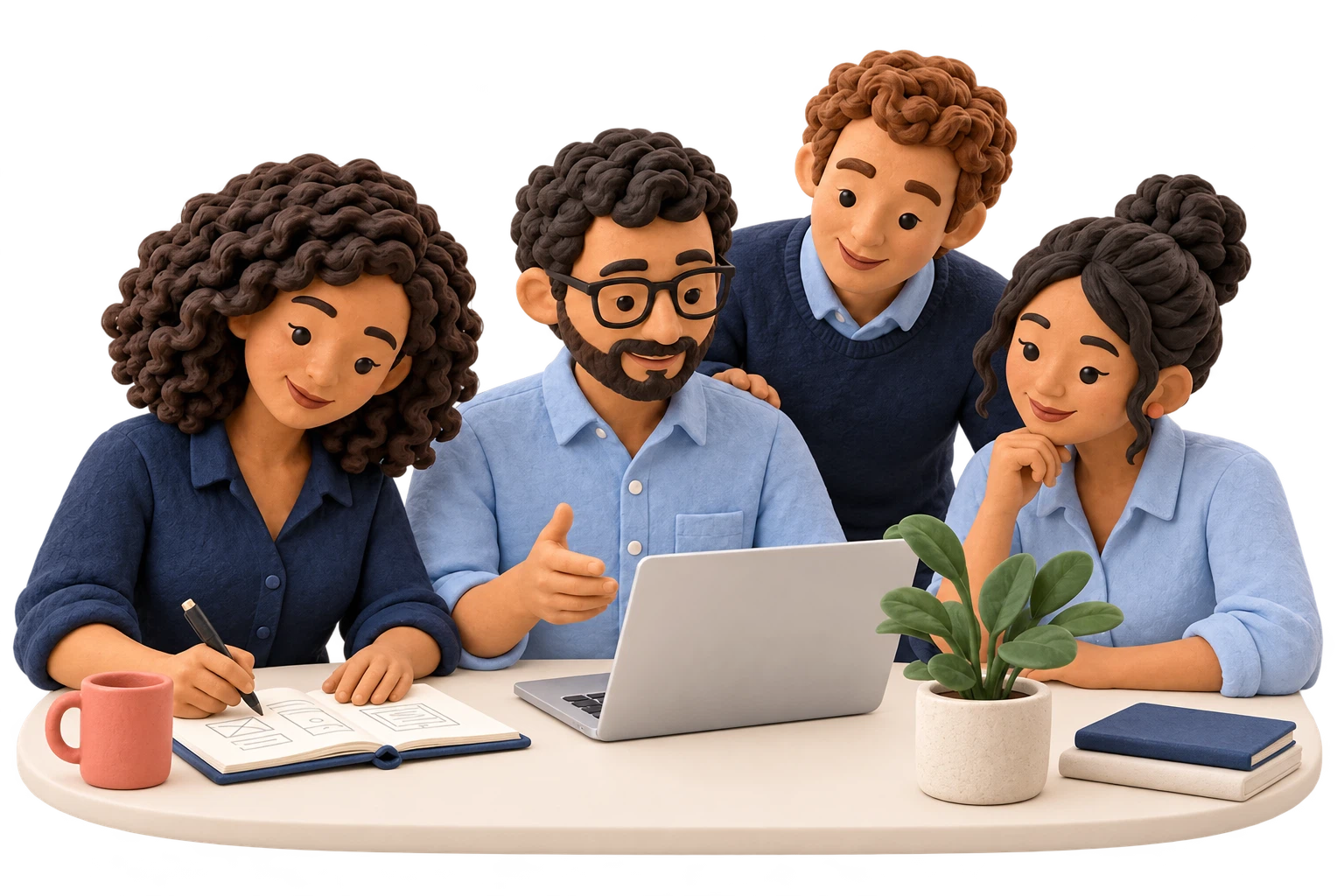 Quatro adultos de massinha colaborando em uma mesa com computador e caderno.
