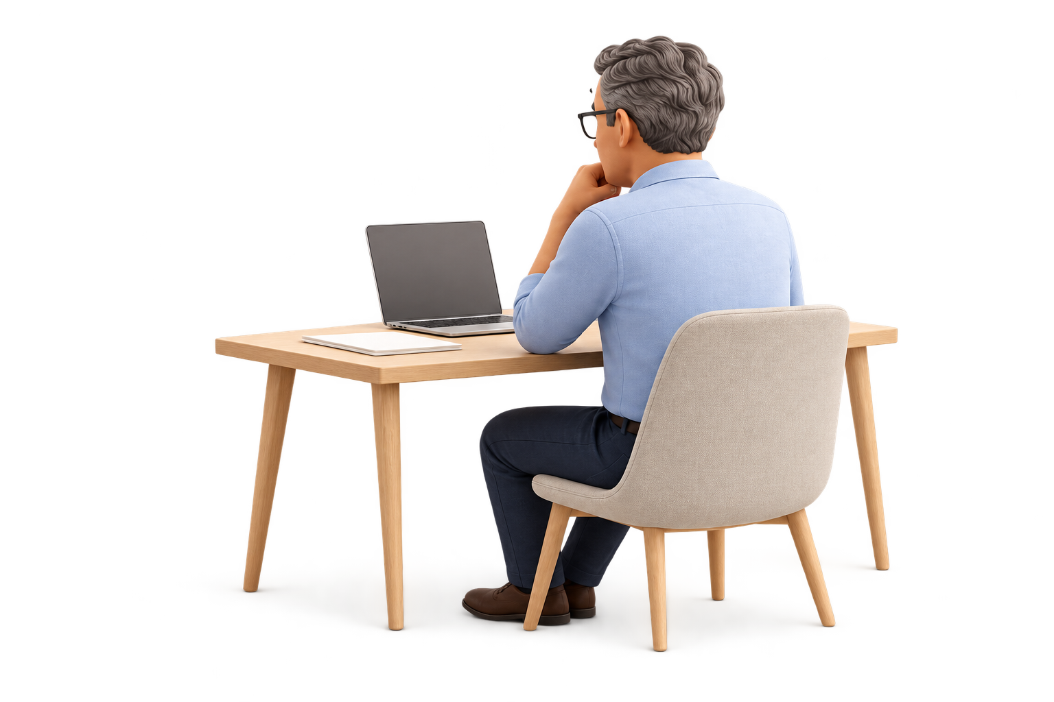 Um profissional de massinha consulta o computador em uma mesa, visto de costas.