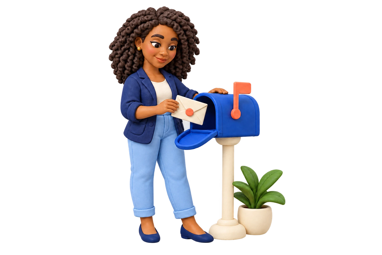 Uma adulta de massinha recebe um envelope ao lado de uma caixa de correio azul, com uma pequena planta na base.