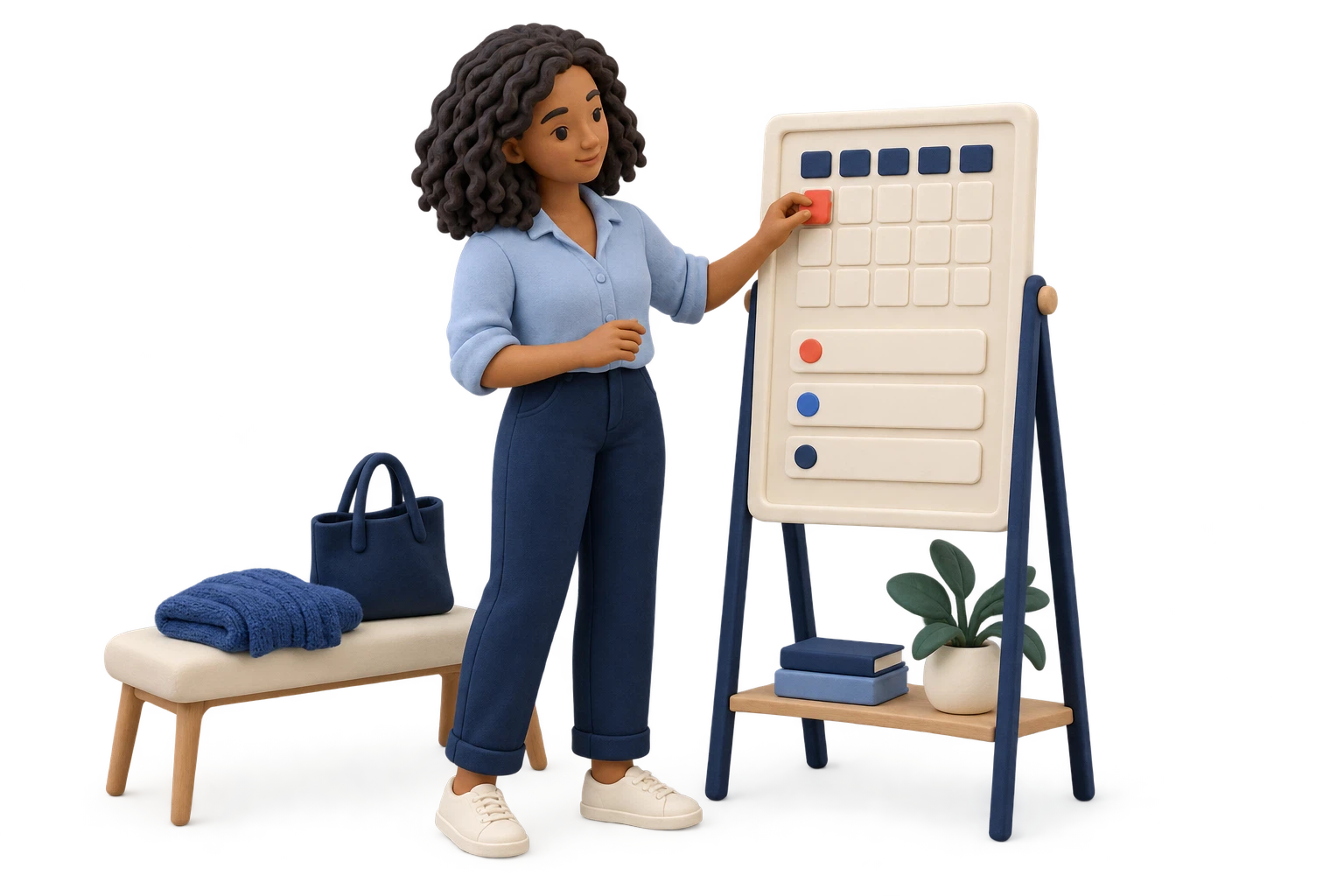 Uma adulta de massinha organiza suas prioridades em um painel de calendário, ao lado de um banco com bolsa e roupa dobrada.