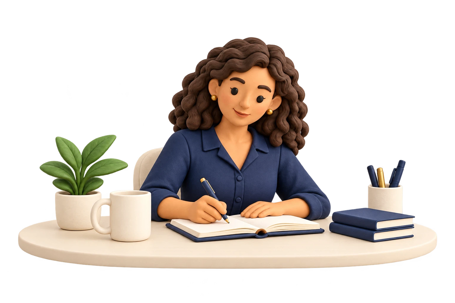 Mulher de massinha organizando sua agenda em uma mesa clara.