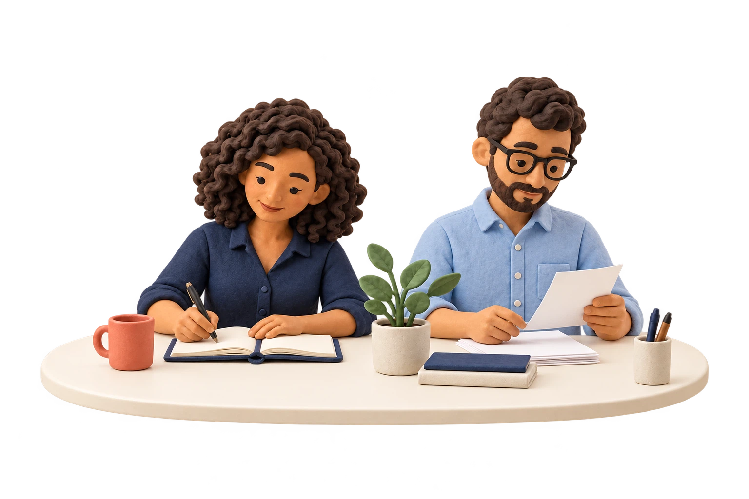 Two clay adults organise their routines at a table with a calendar and papers.