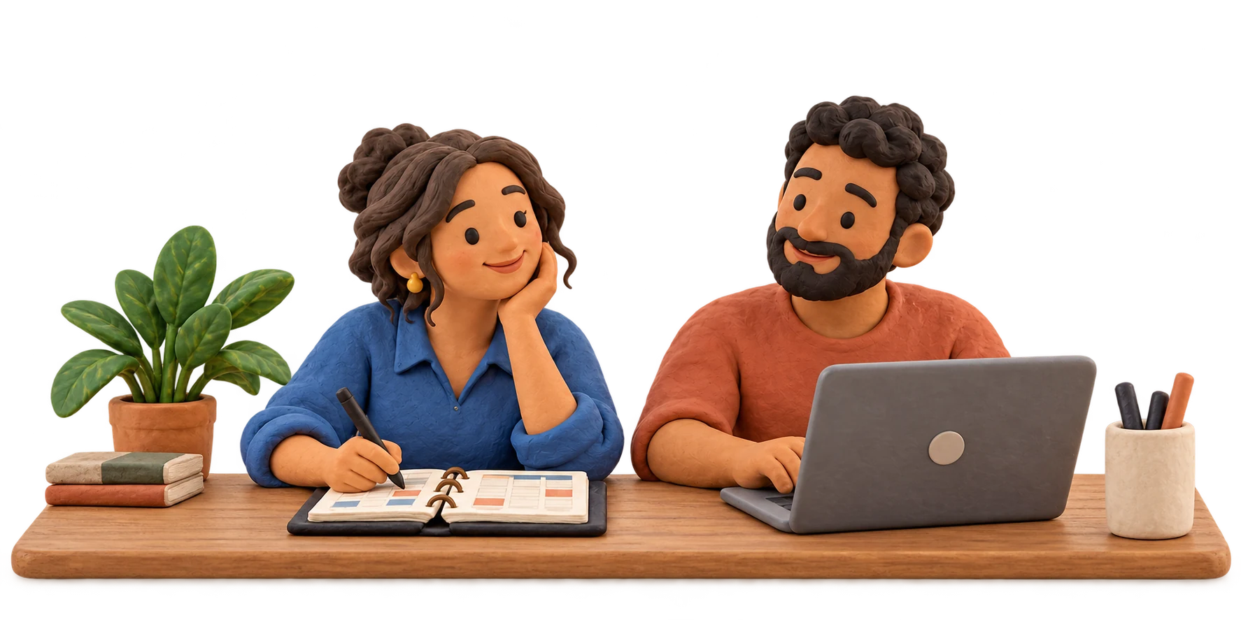 Dois adultos de massinha organizando suas rotinas em uma mesa com agenda e papéis.